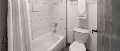 Une salle de bain avec une baignoire, des toilettes et une douche.