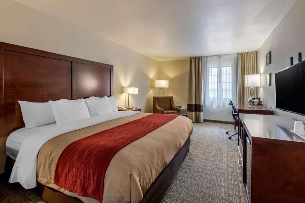 A hotel room with a large bed, a desk, a chair, a TV, and a window with curtains.