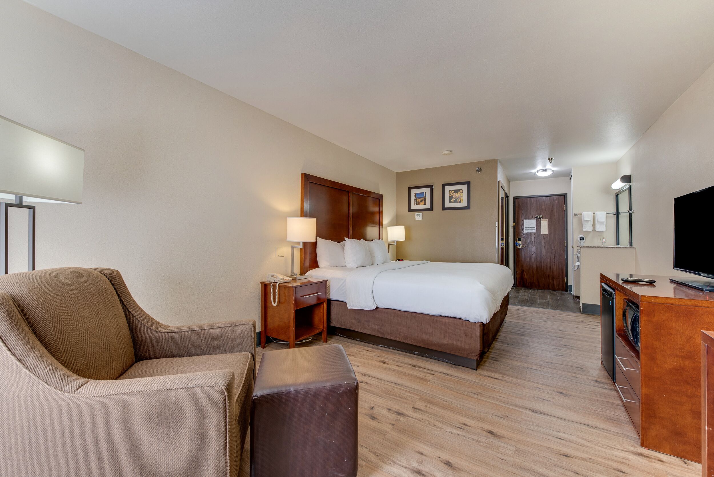 A hotel room with a bed, a sofa, a desk, and a television.