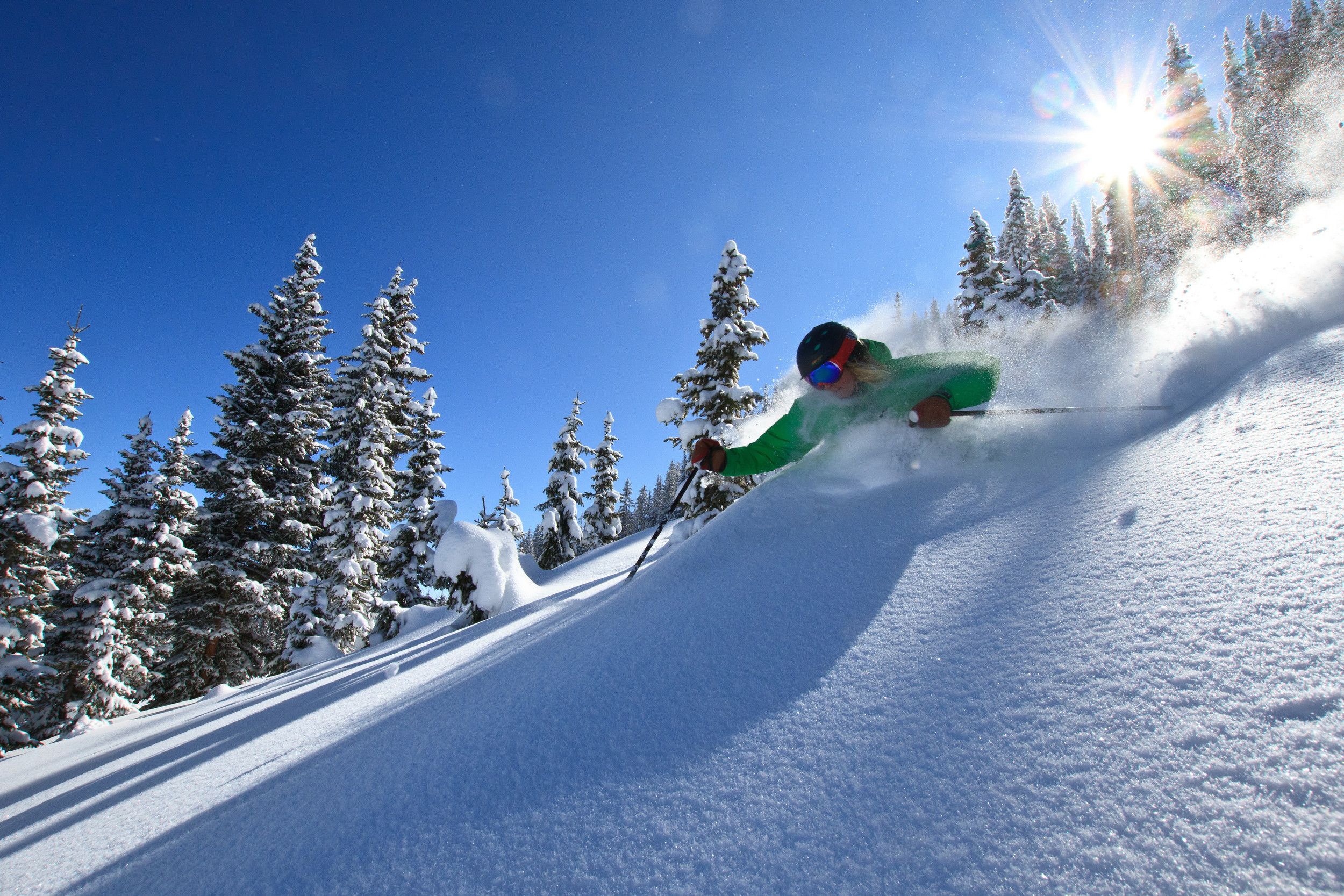 A person skiing down a snow-covered slope with trees in the background.