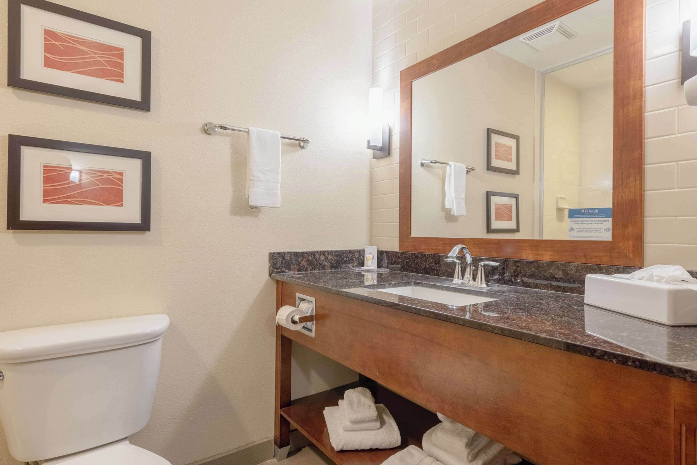 A bathroom with a white toilet, a sink with a marble countertop, and a large mirror. There are framed pictures on the wall and a towel rack.