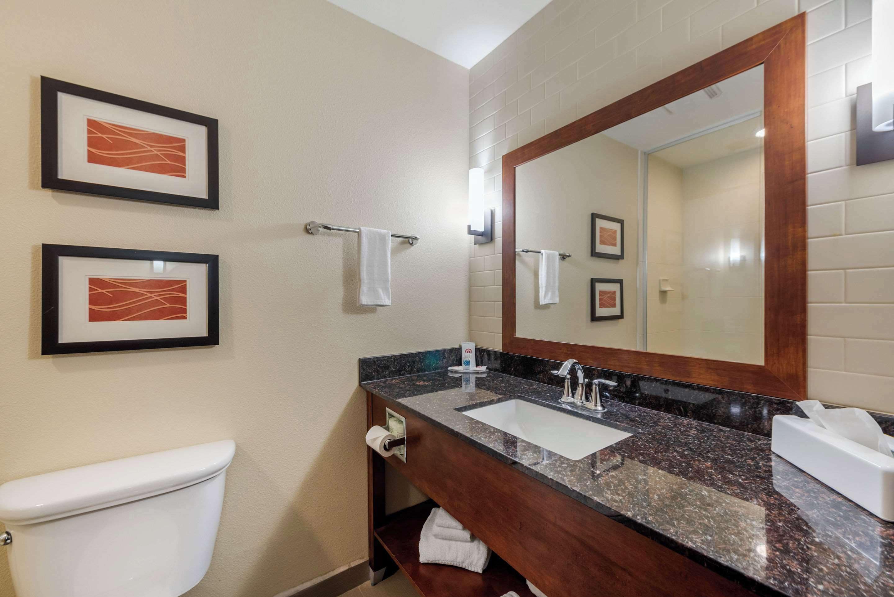 Une salle de bain avec des toilettes, un lavabo et un miroir. Deux tableaux encadrés sont accrochés au mur.