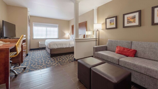 A hotel room with a bed, a desk with a chair, a sofa, and a TV.