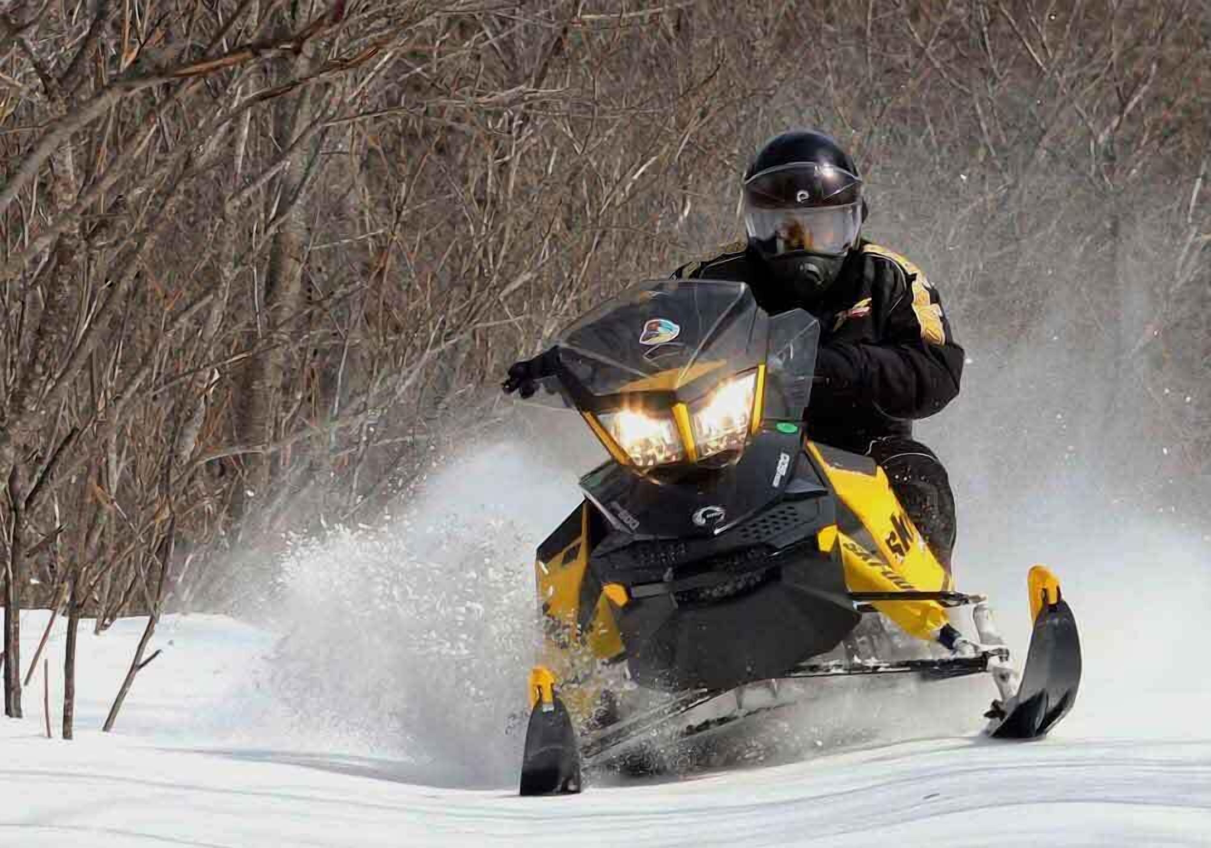 A person riding a snowmobile on a snowy path with trees in the background.