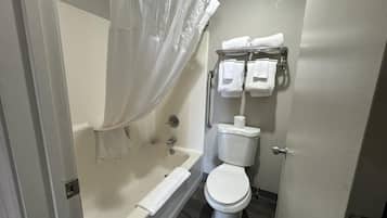 Hair dryer, towels, soap, shampoo