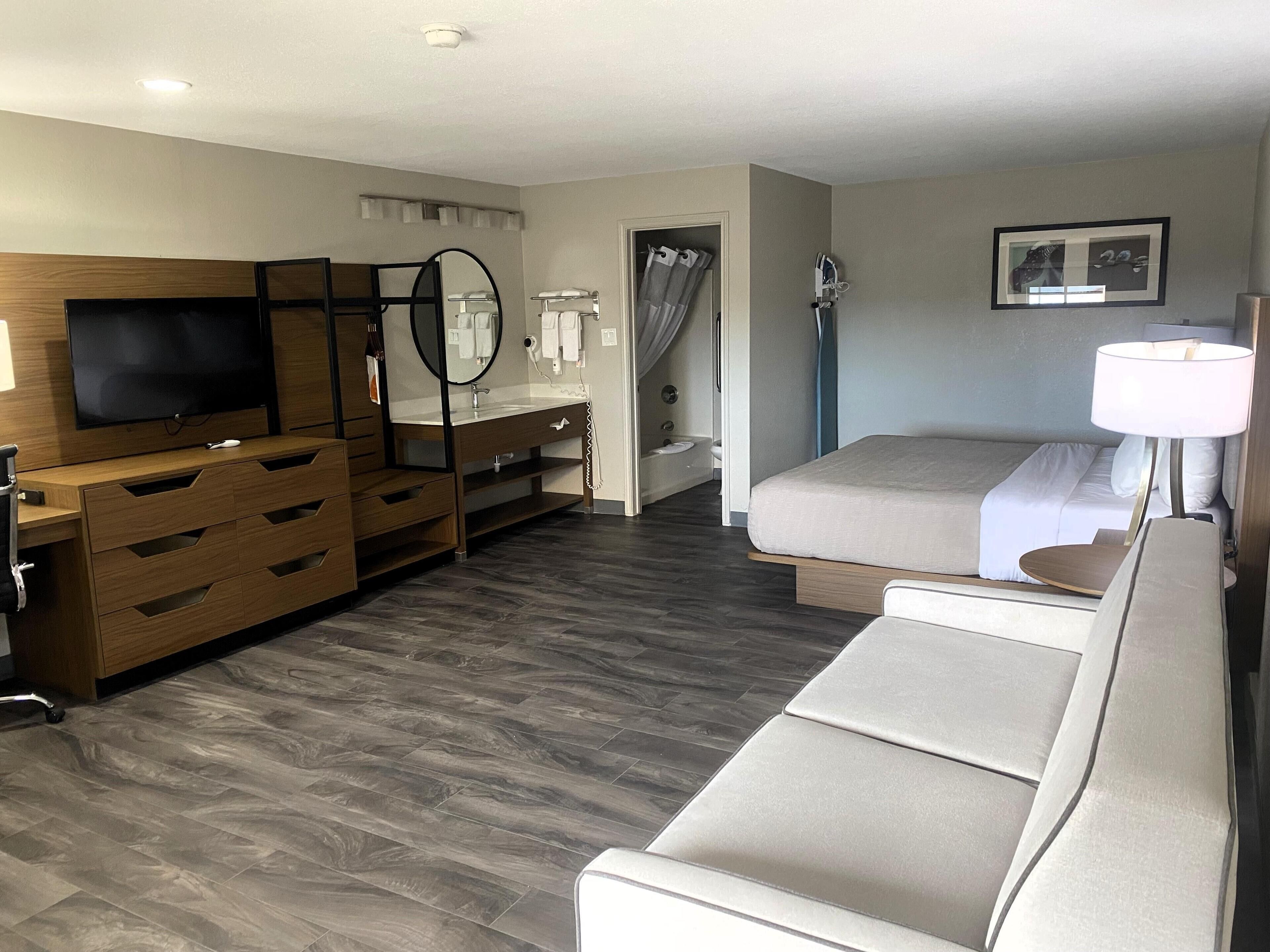 A hotel room with a bed, a sofa, a TV, a desk with drawers, a mirror, a bathroom with a shower, and a wall-mounted picture.