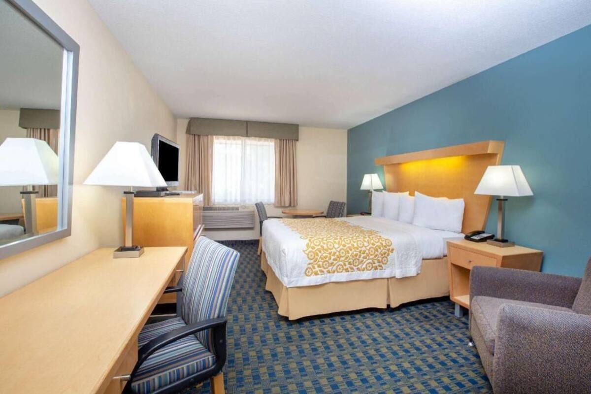 A hotel room with a bed, desk, chair, TV, and lamps.