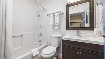 Standard Room, 2 Queen Beds | Bathroom | Hair dryer, towels