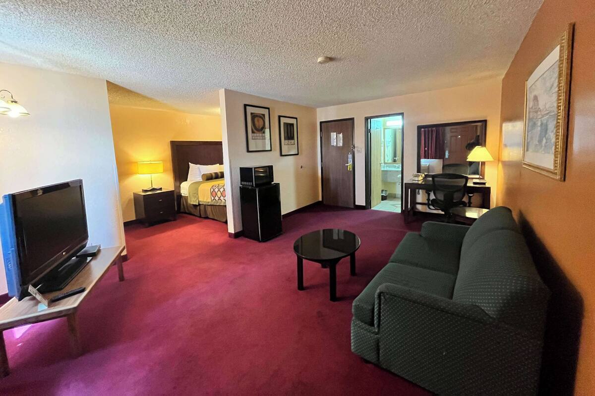 A hotel room with a TV, a bed, a desk, a chair, and a sofa.
