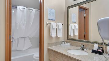 A bathroom with a shower, toilet, sink, and a large mirror.