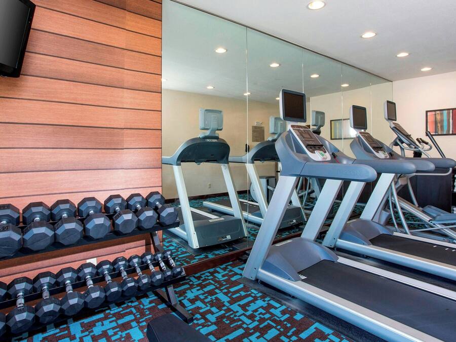 A gym with treadmills, a mirrored wall, and a rack of dumbbells.
