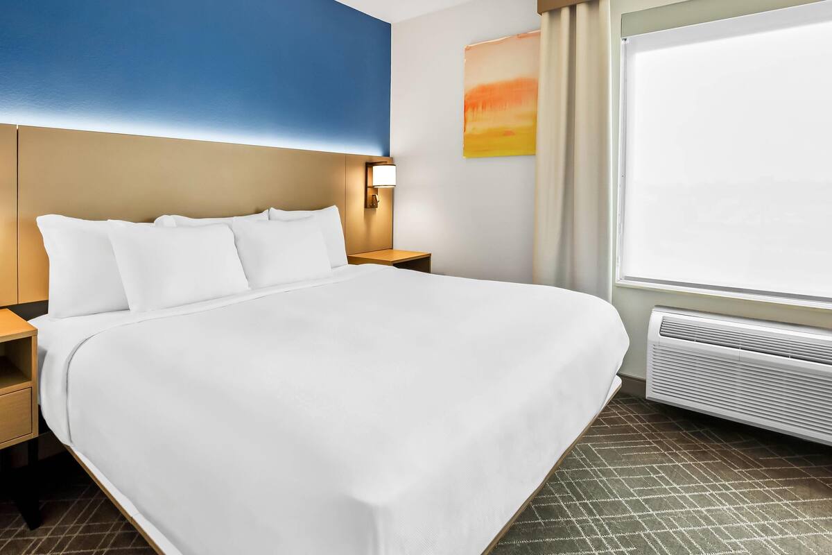 A hotel room with a large bed, a nightstand, a wall-mounted lamp, a painting, and a window with curtains.