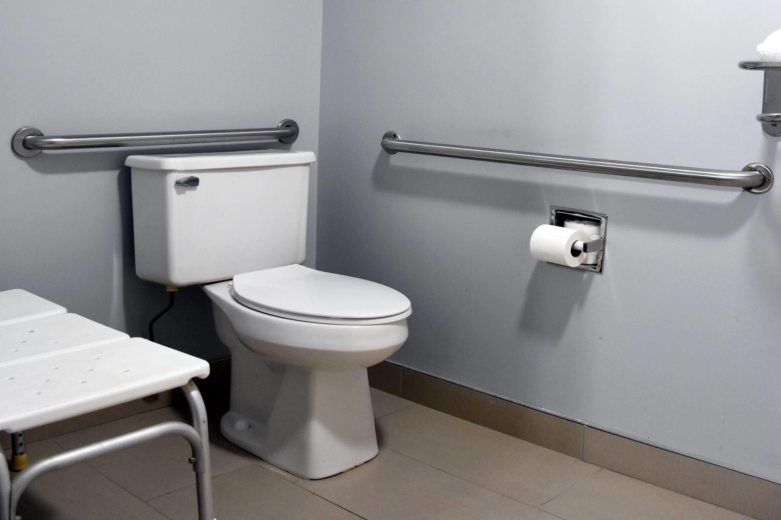 A standard bathroom with a toilet, a handrail, and a toilet paper holder.