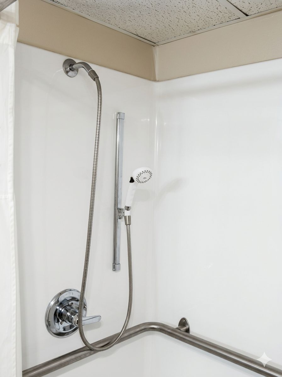 A shower with a handheld showerhead and a wall-mounted faucet.