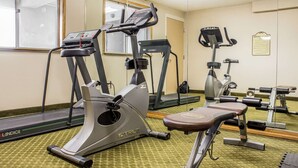 Une salle de sport équipée de divers appareils, notamment des tapis de course, un vélo elliptique et un banc de musculation.