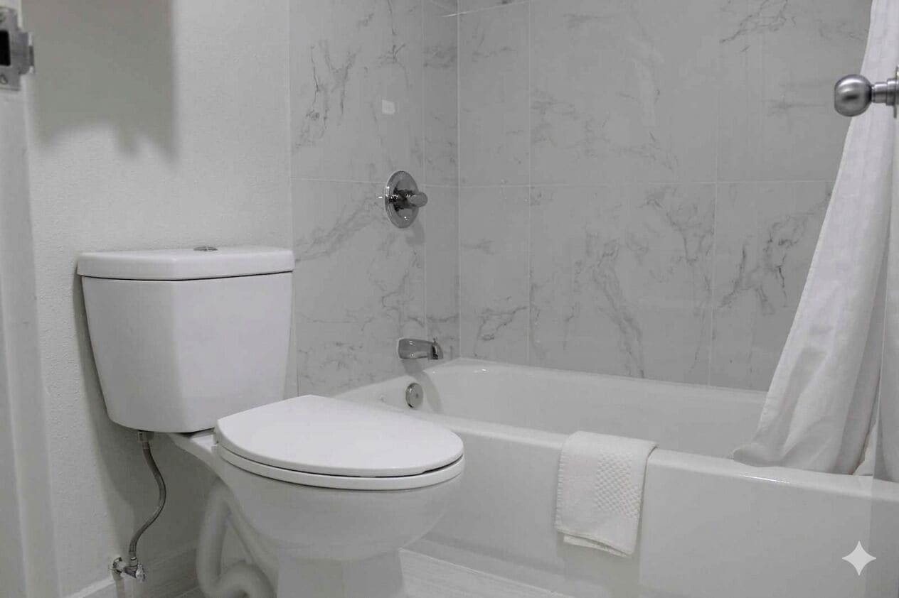 A bathroom with a toilet, a bathtub, and a shower curtain.
