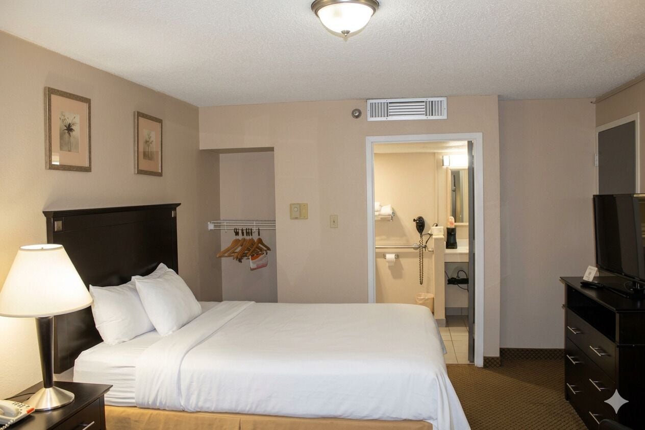 A hotel room with a bed, a desk with a lamp, a dresser, a TV, and a bathroom visible through an open door.
