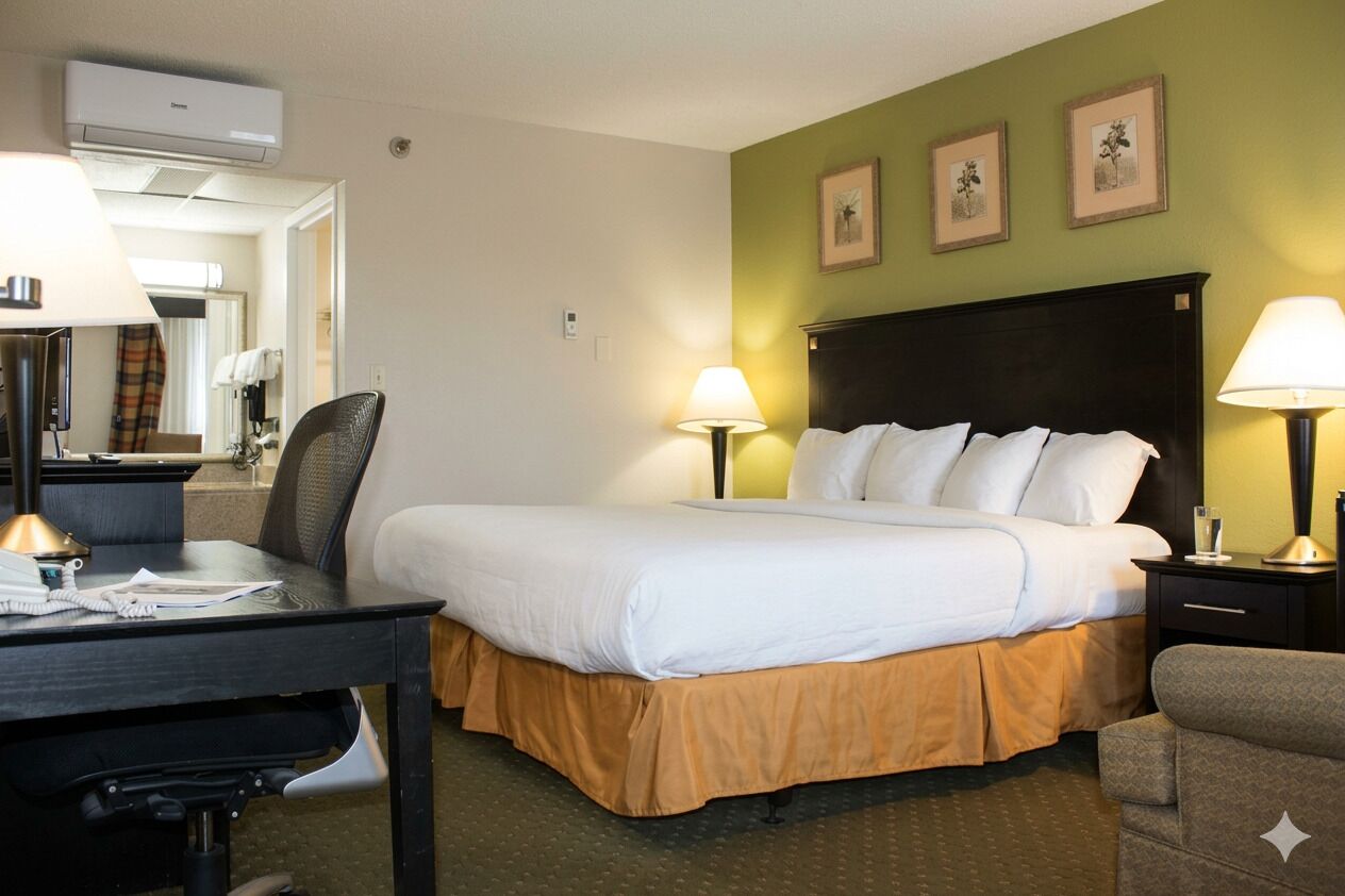 A hotel room with a bed, desk, chair, bedside lamps, and a wall-mounted air conditioner.