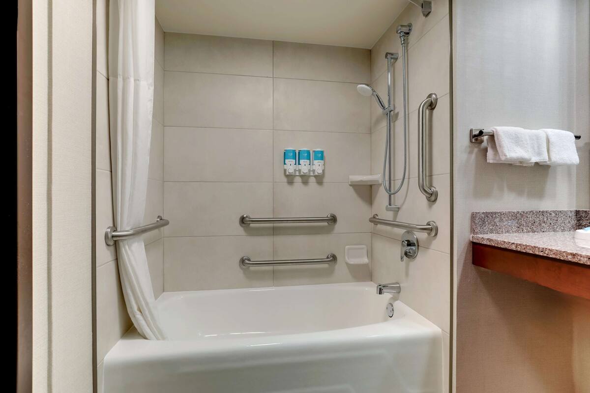 combined shower/bathtub, free toiletries, hair dryer, towels