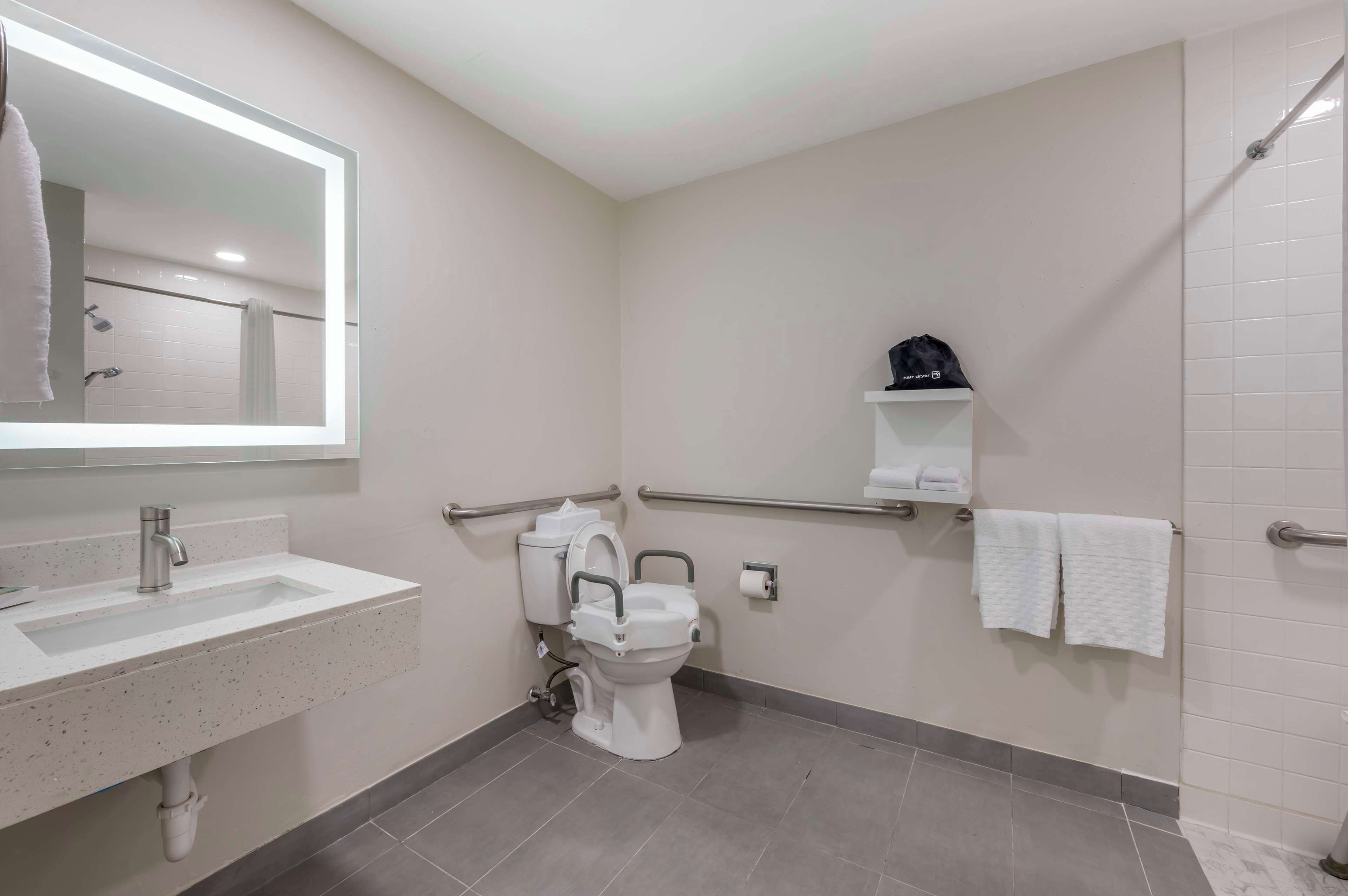 Une salle de bain moderne équipée d’un lavabo, de toilettes et d’une douche.