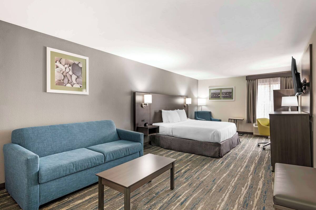 A hotel room with a blue sofa, a bed, a desk, and a TV.