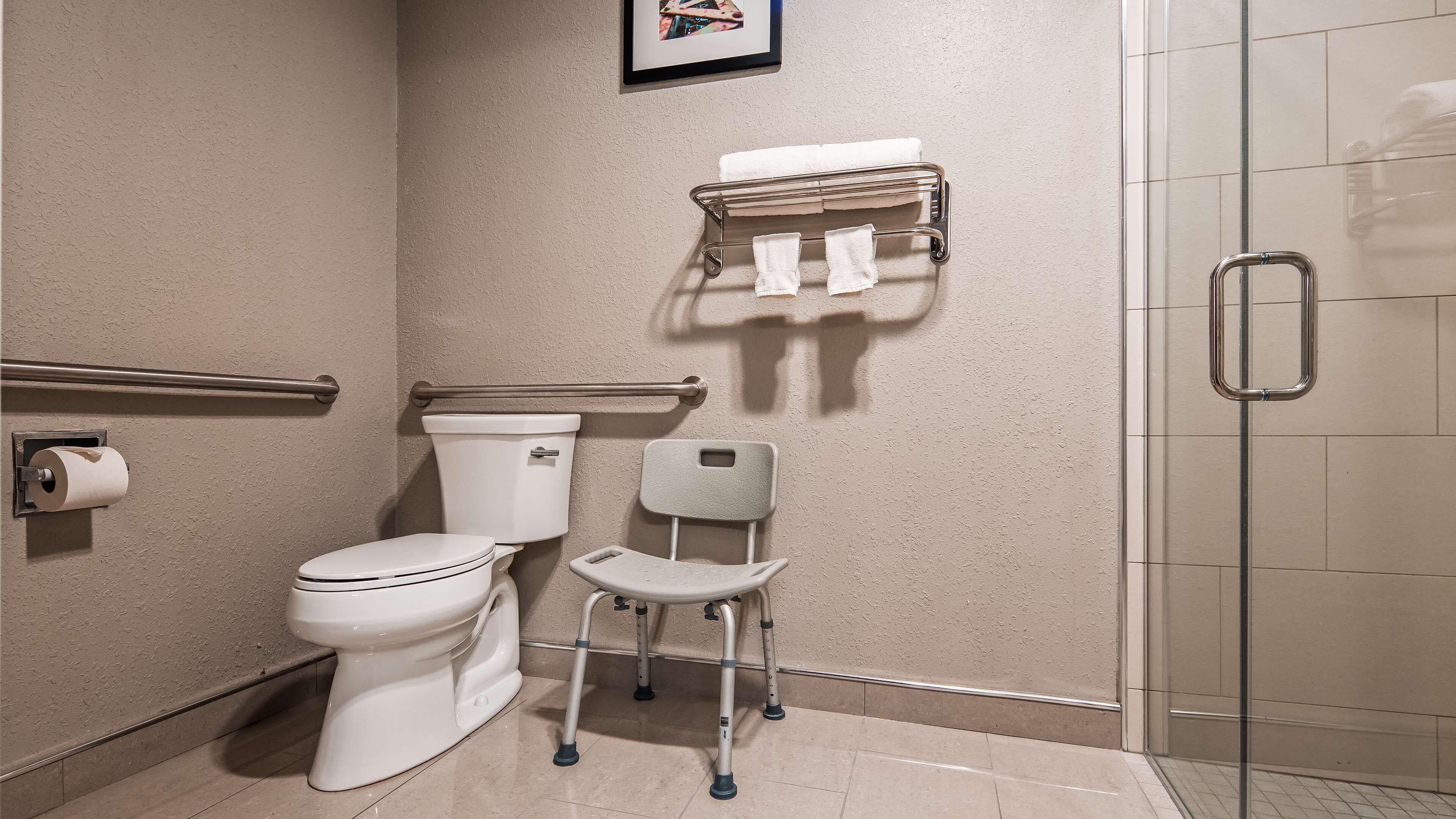 standard room, 1 king bed, accessible, non smoking | bathroom | free toiletries, hair dryer, towels