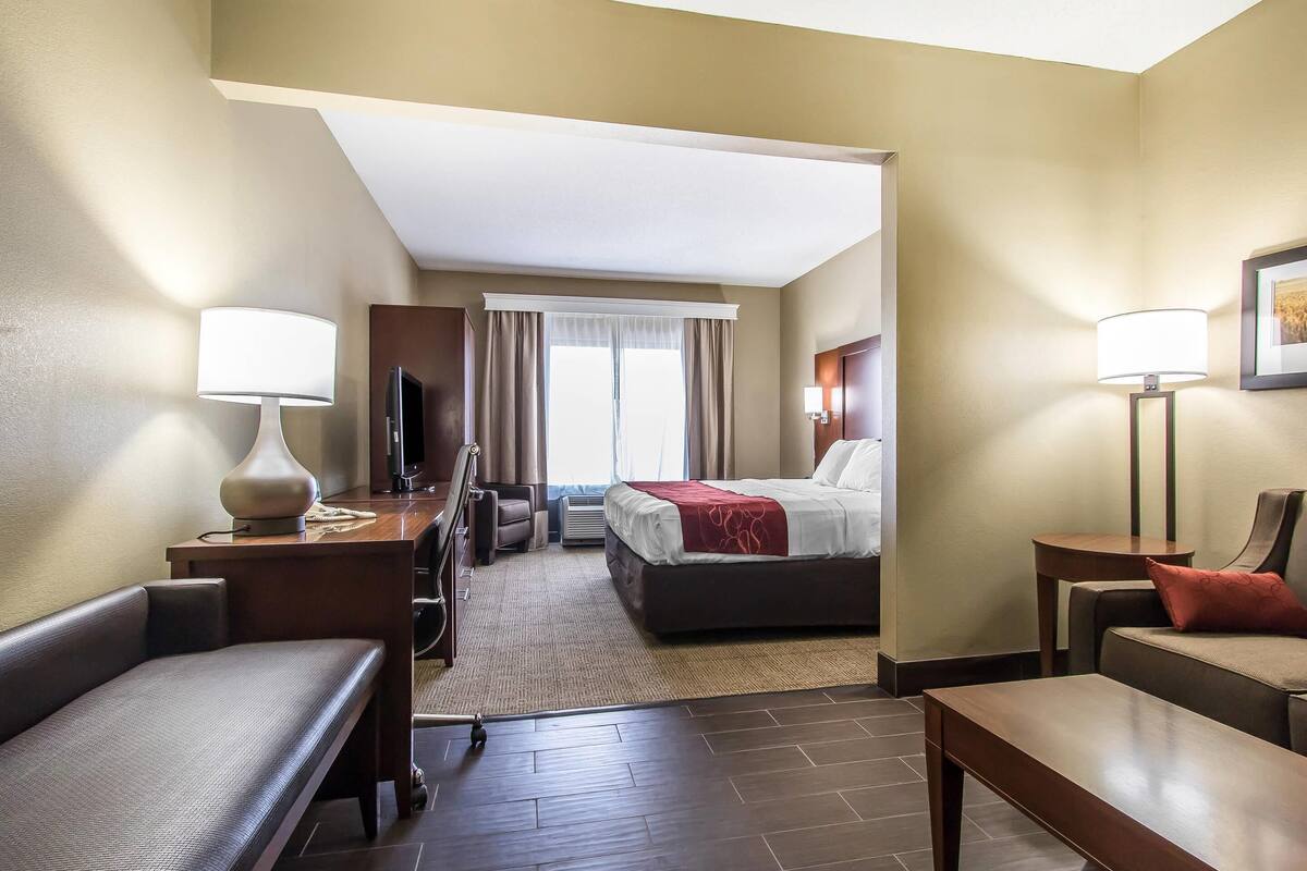 A hotel room with a bed, a desk, a chair, a sofa, a TV, and a window with curtains.