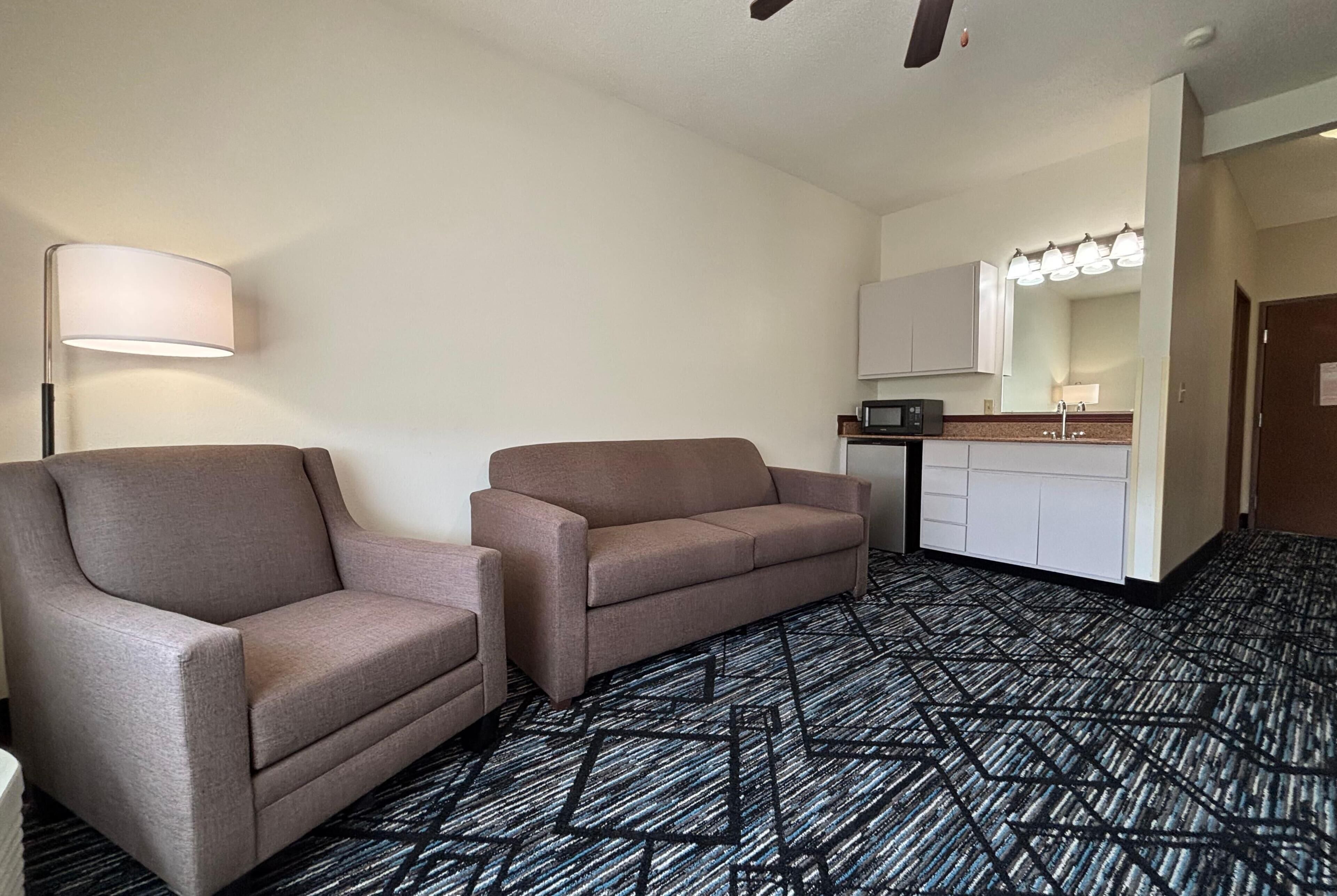 Une chambre d’hôtel avec deux canapés, un coin cuisine et une moquette à motifs.