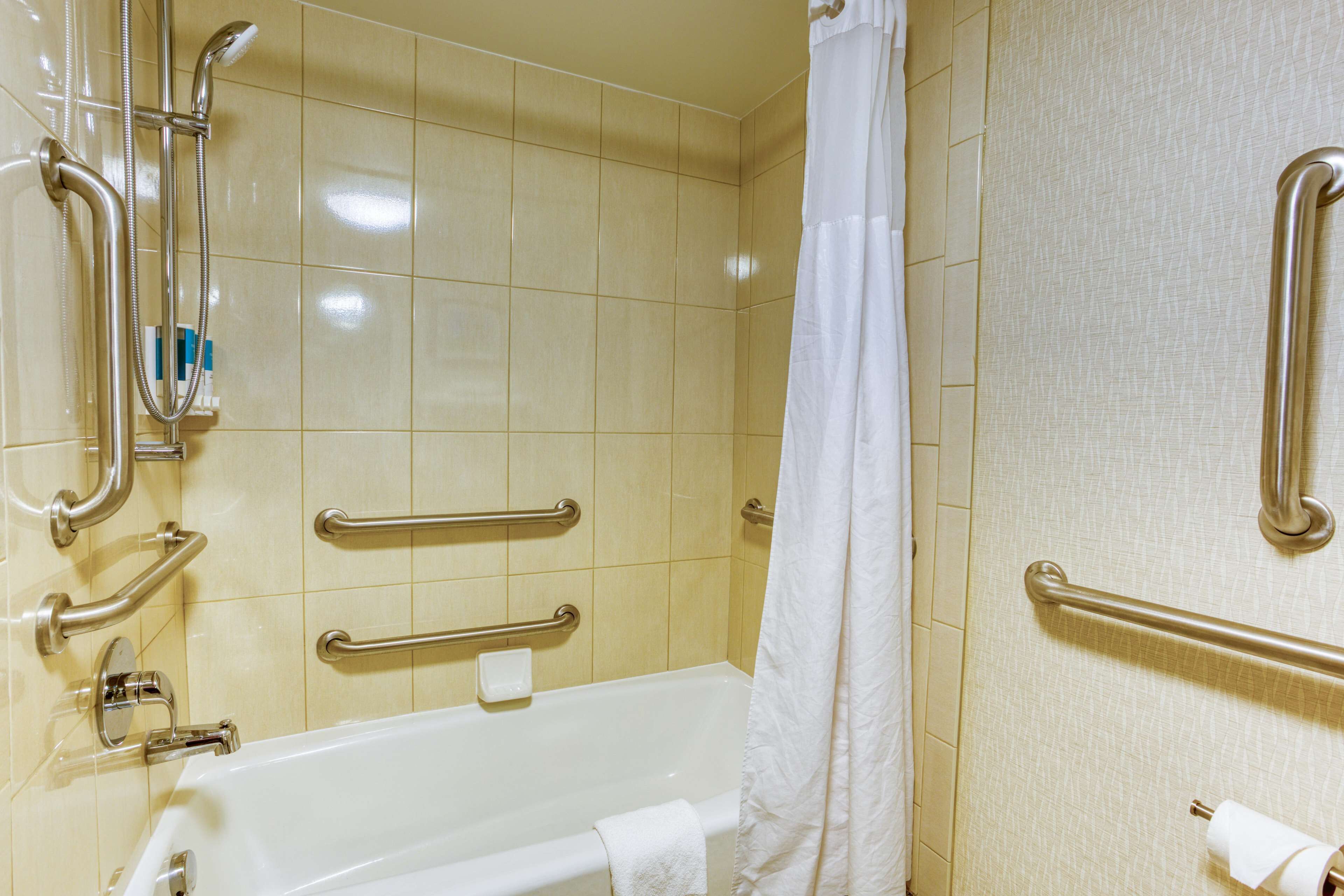 combined shower/bathtub, free toiletries, hair dryer, towels