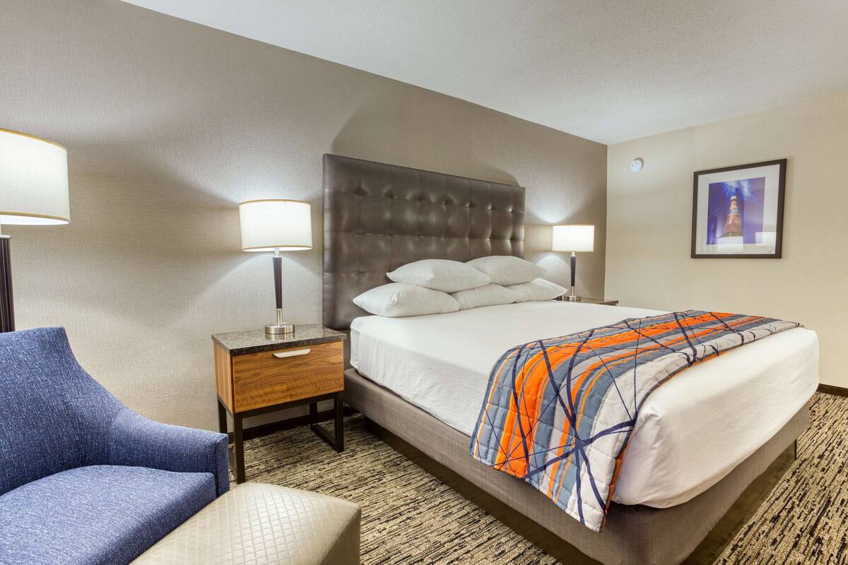 A hotel room with a bed, a nightstand, a lamp, a chair, and a carpeted floor.