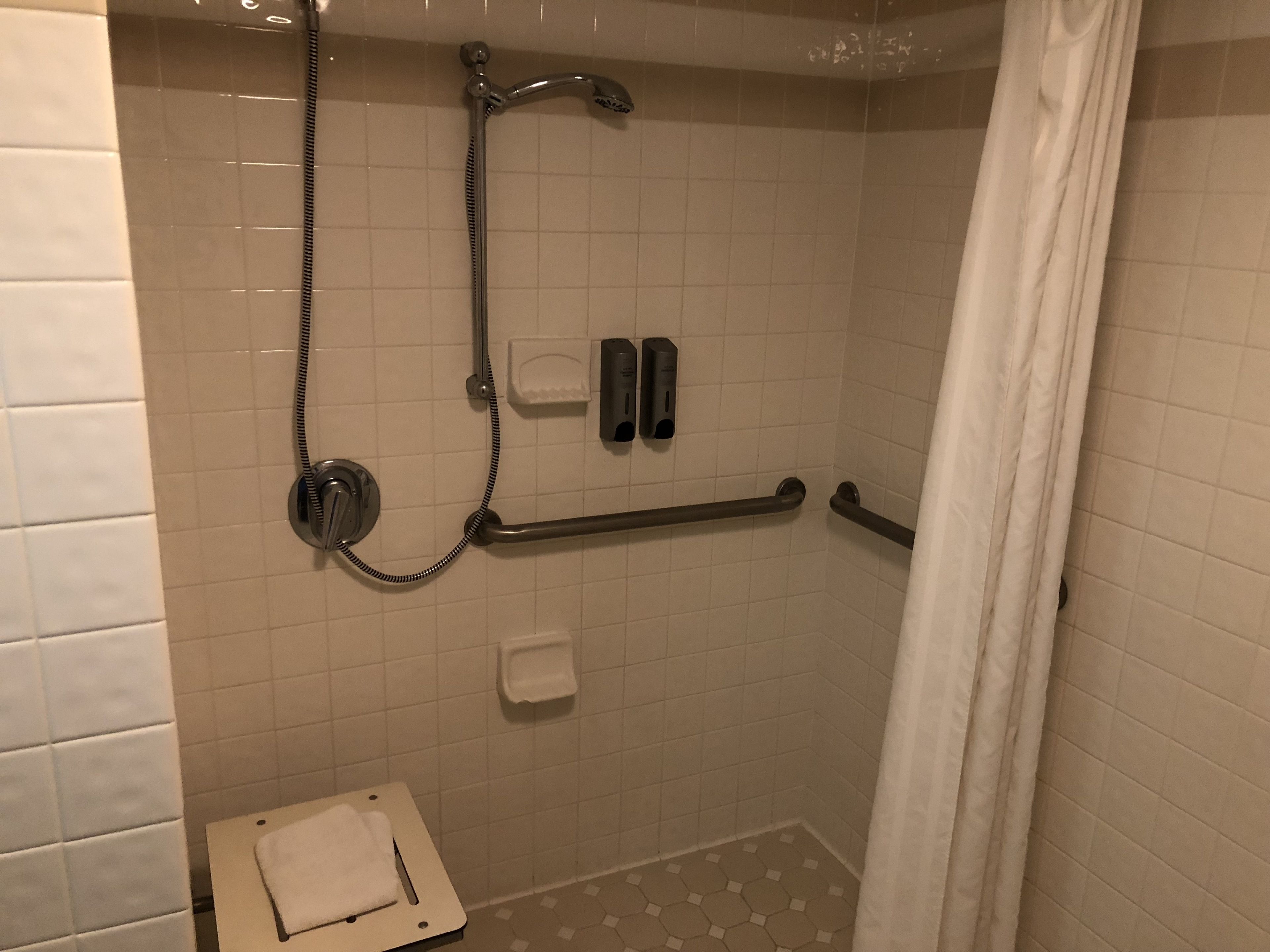 A shower with a handheld showerhead, a handheld soap dispenser, and a towel rack.