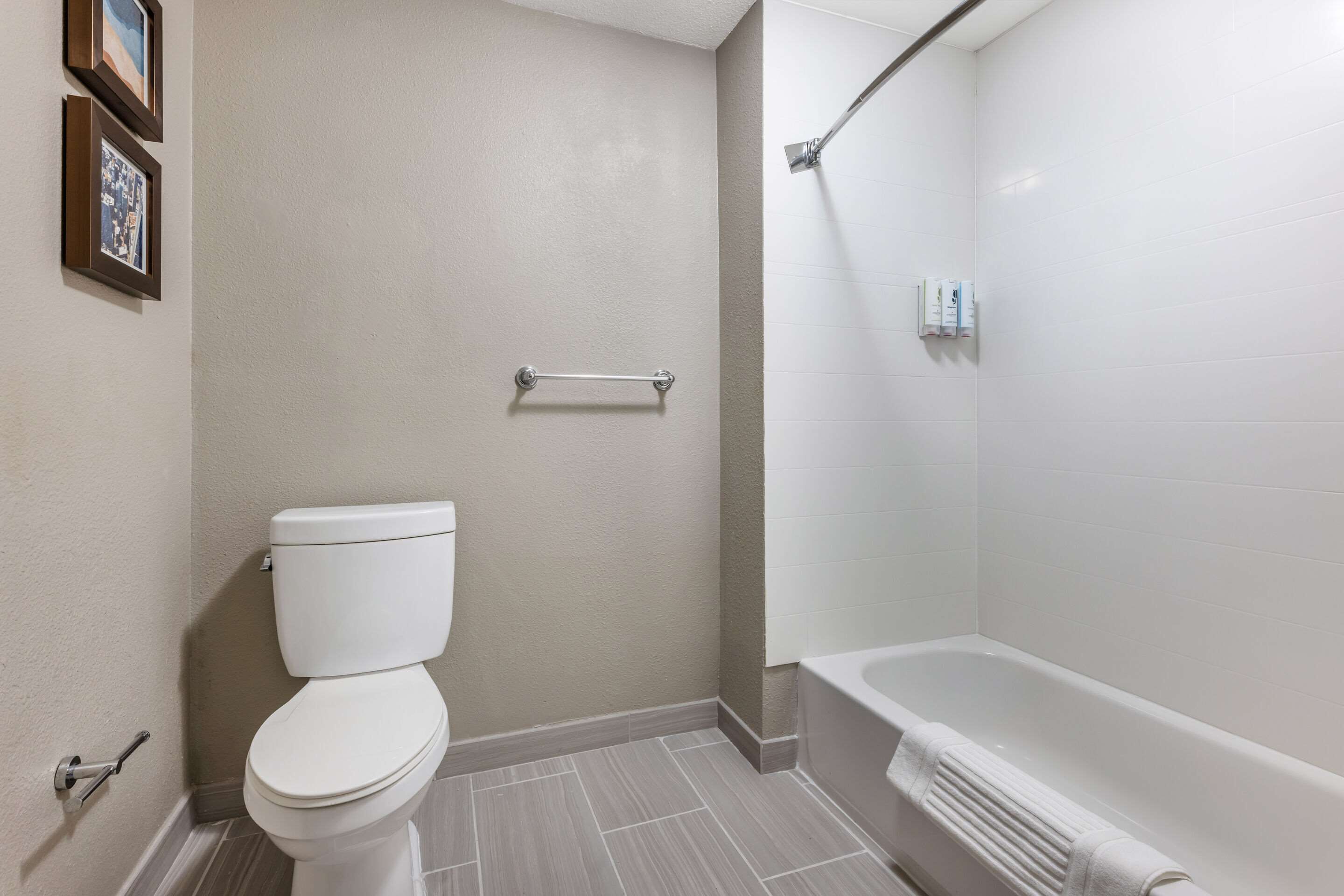 A bathroom with a toilet, a shower, and a bathtub.