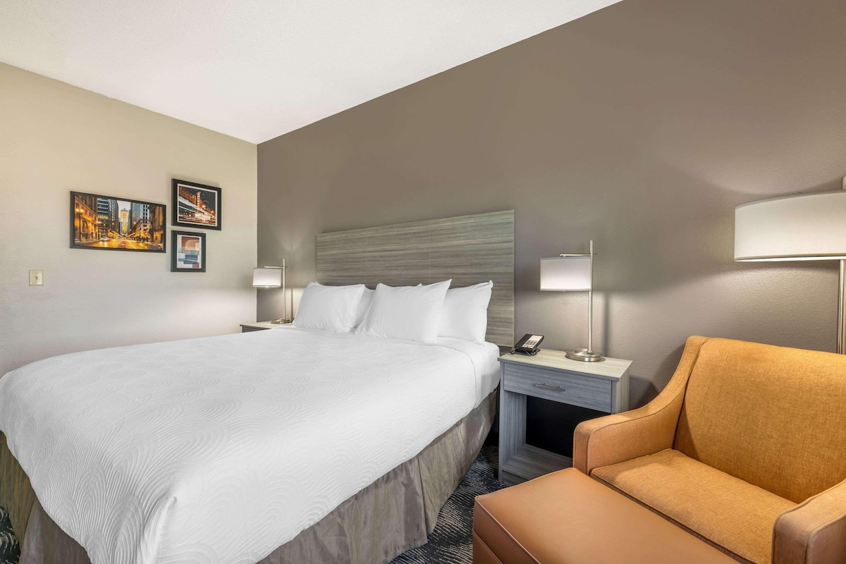 A hotel room with a large bed, a nightstand with a lamp, a chair, and framed pictures on the wall.