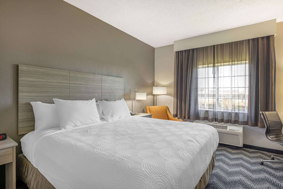 A hotel room with a large bed, a bedside table with a lamp, a chair, and a window with curtains.