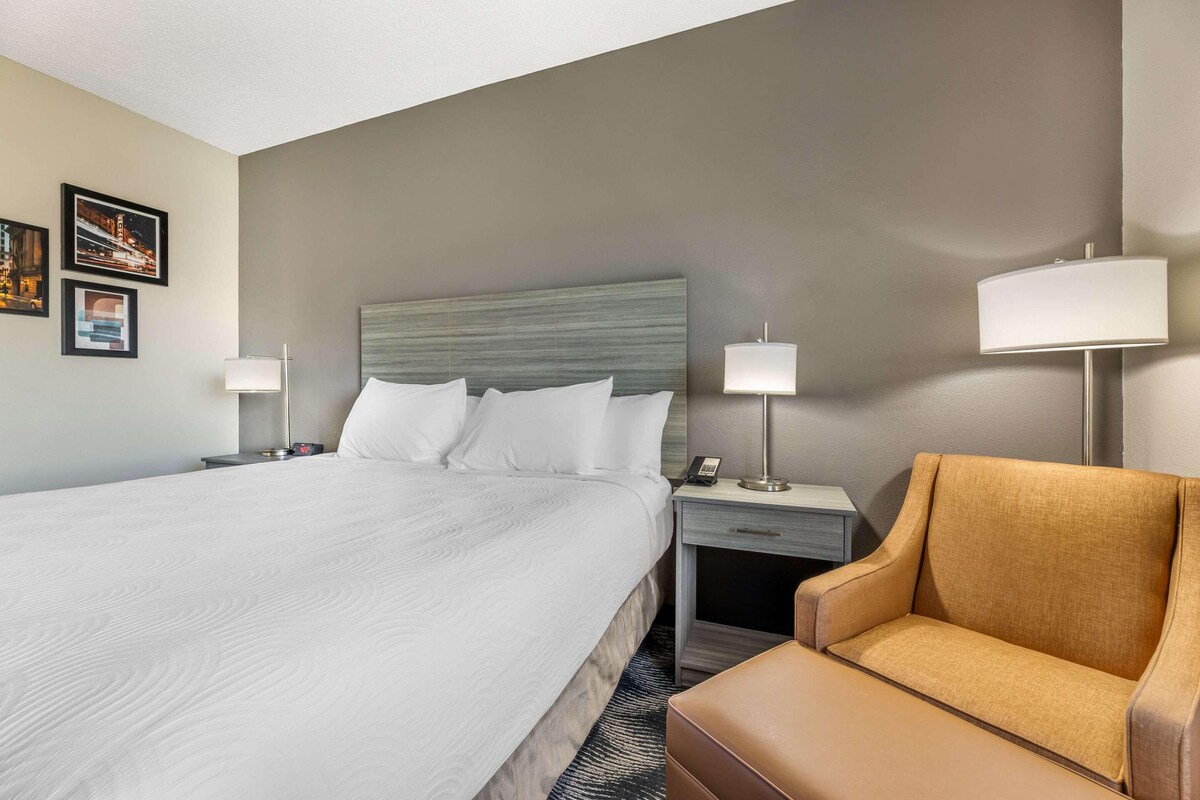 A hotel room with a large bed, two bedside tables with lamps, a chair, and framed pictures on the wall.