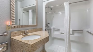 Combined shower/tub, free toiletries, hair dryer, bathrobes