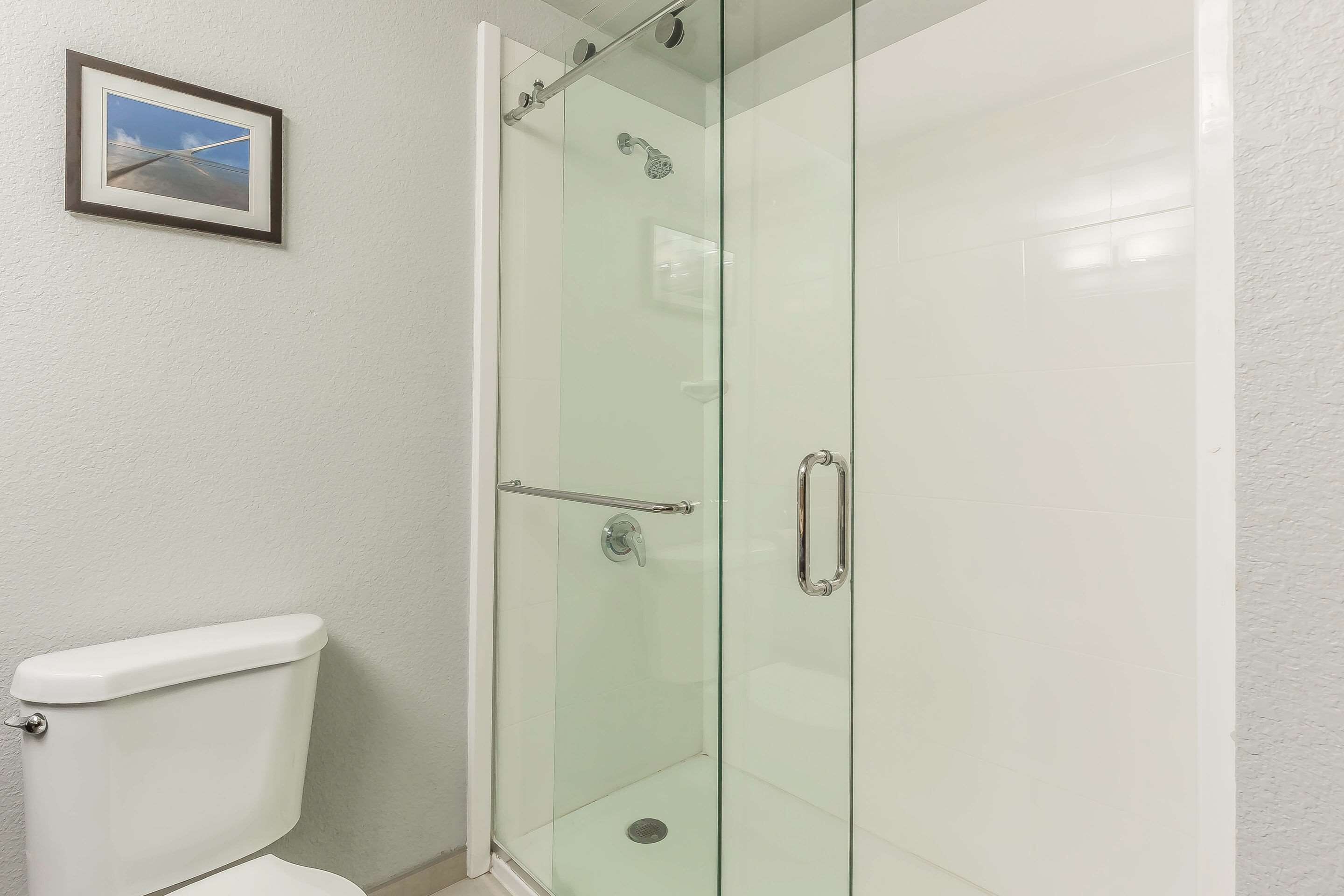 Ducha con cerramiento de vidrio, puerta de cristal y un asa metálica.