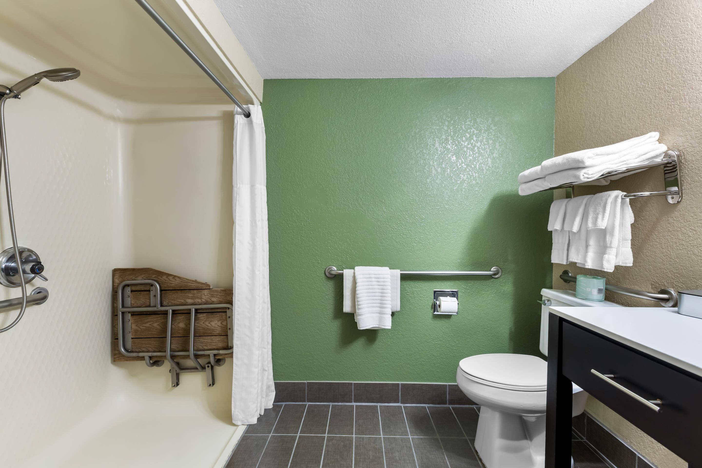 A bathroom with a shower, toilet, and a towel rack.