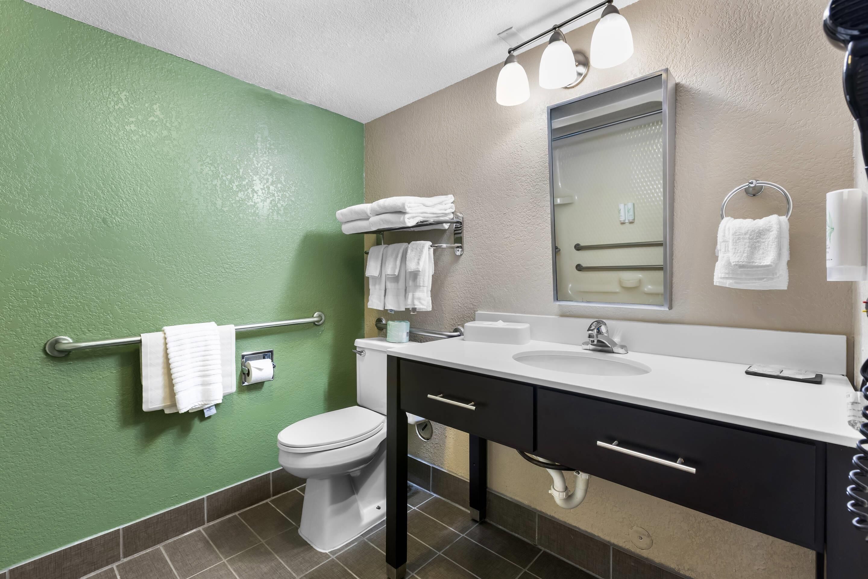 Un baño con pared verde, inodoro blanco y tocador con espejo y lavamanos.
