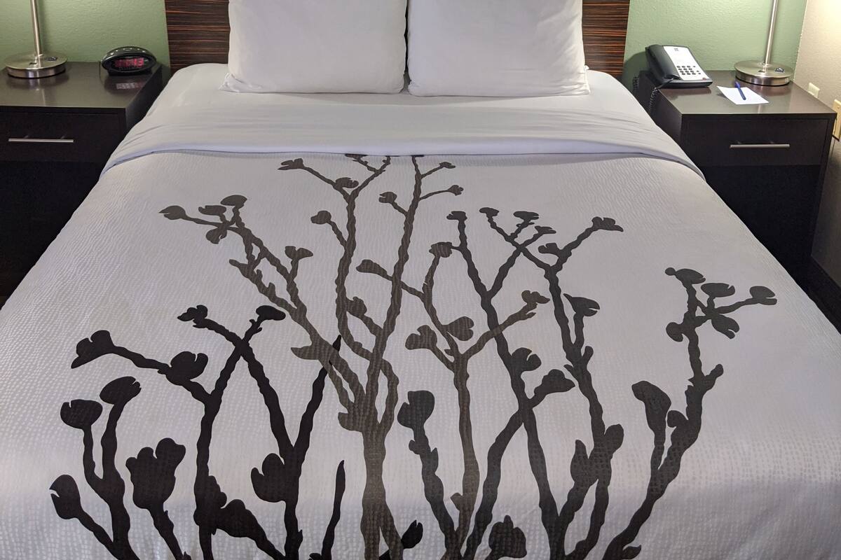 A hotel room with a bed, two bedside tables, a nightstand, and three framed pictures on the wall.