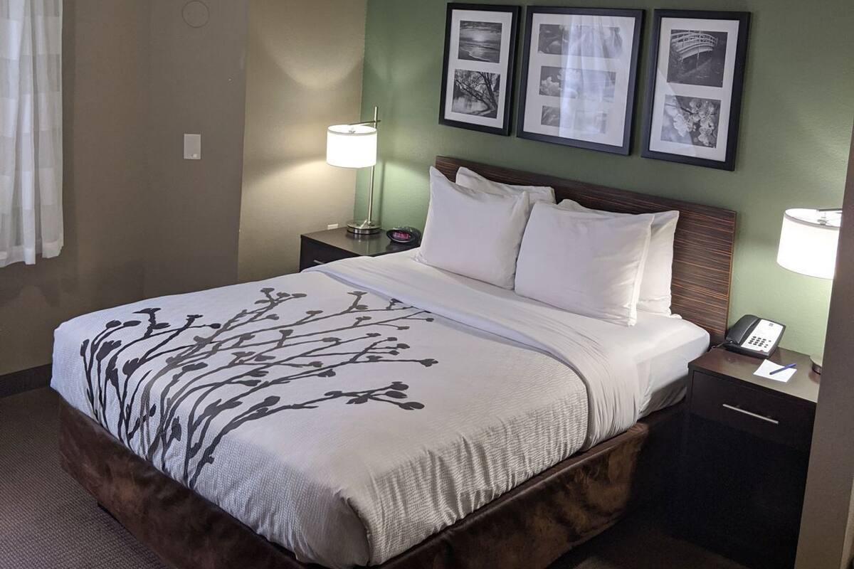 A hotel room with a bed, two bedside tables, a wall-mounted phone, and three framed pictures.