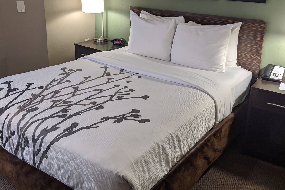 A hotel room with a large bed, a nightstand with a lamp, and three framed pictures on the wall.