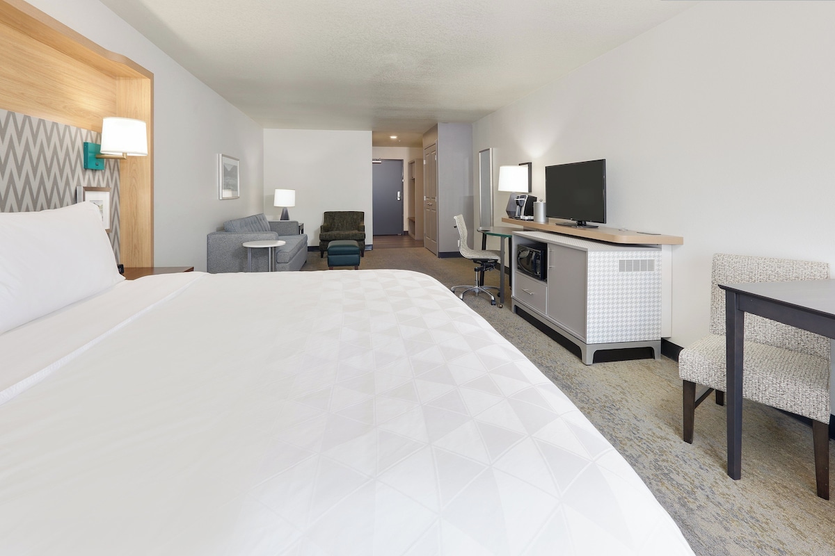 Une chambre d’hôtel avec un grand lit, un bureau équipé d’un ordinateur et d’une télévision, une chaise et une petite table.