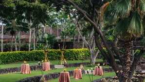 A garden setting with tables and benches, surrounded by lush greenery and palm trees.