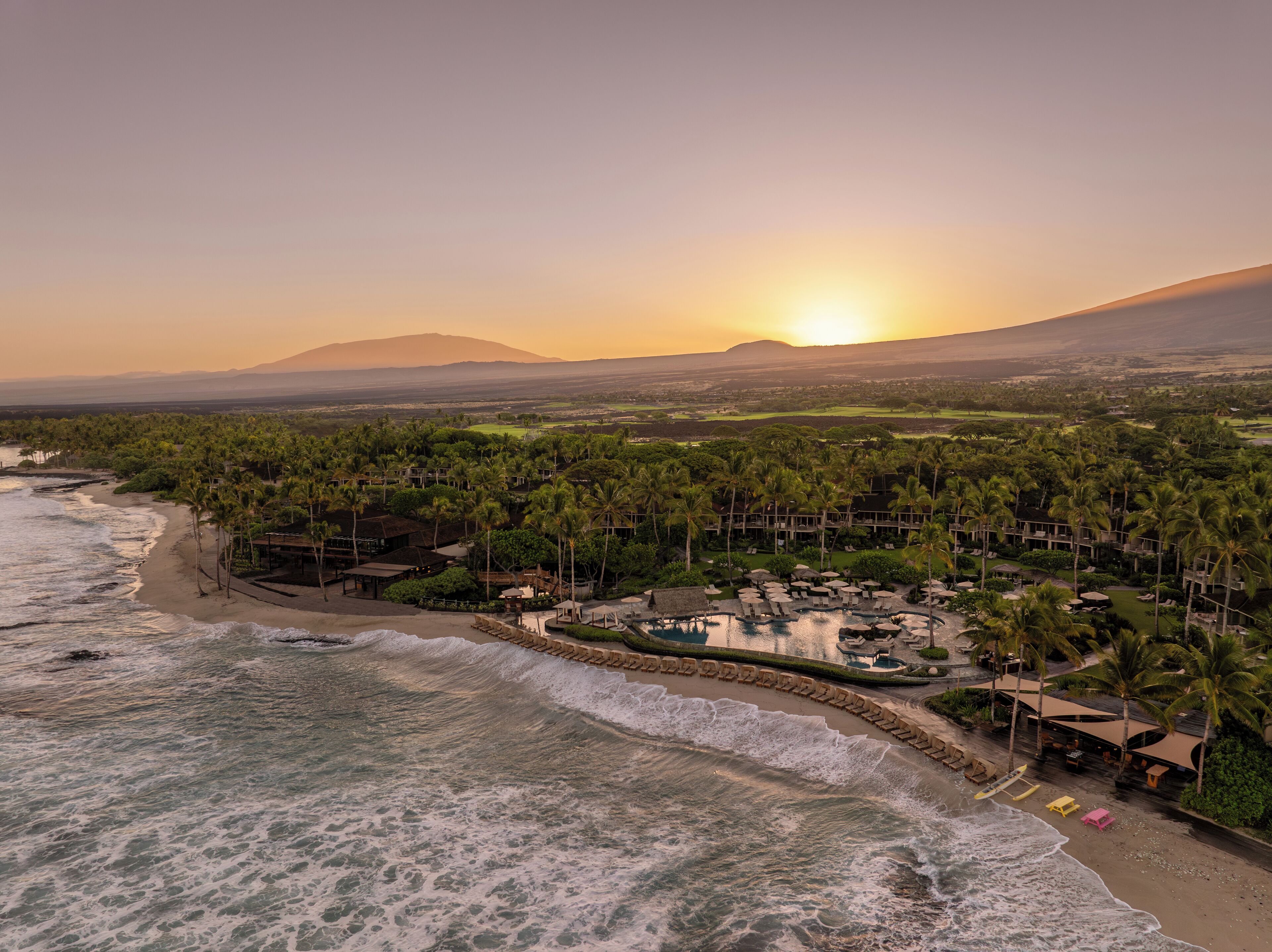 A resort with a beachfront, palm trees, and a mountain in the background.