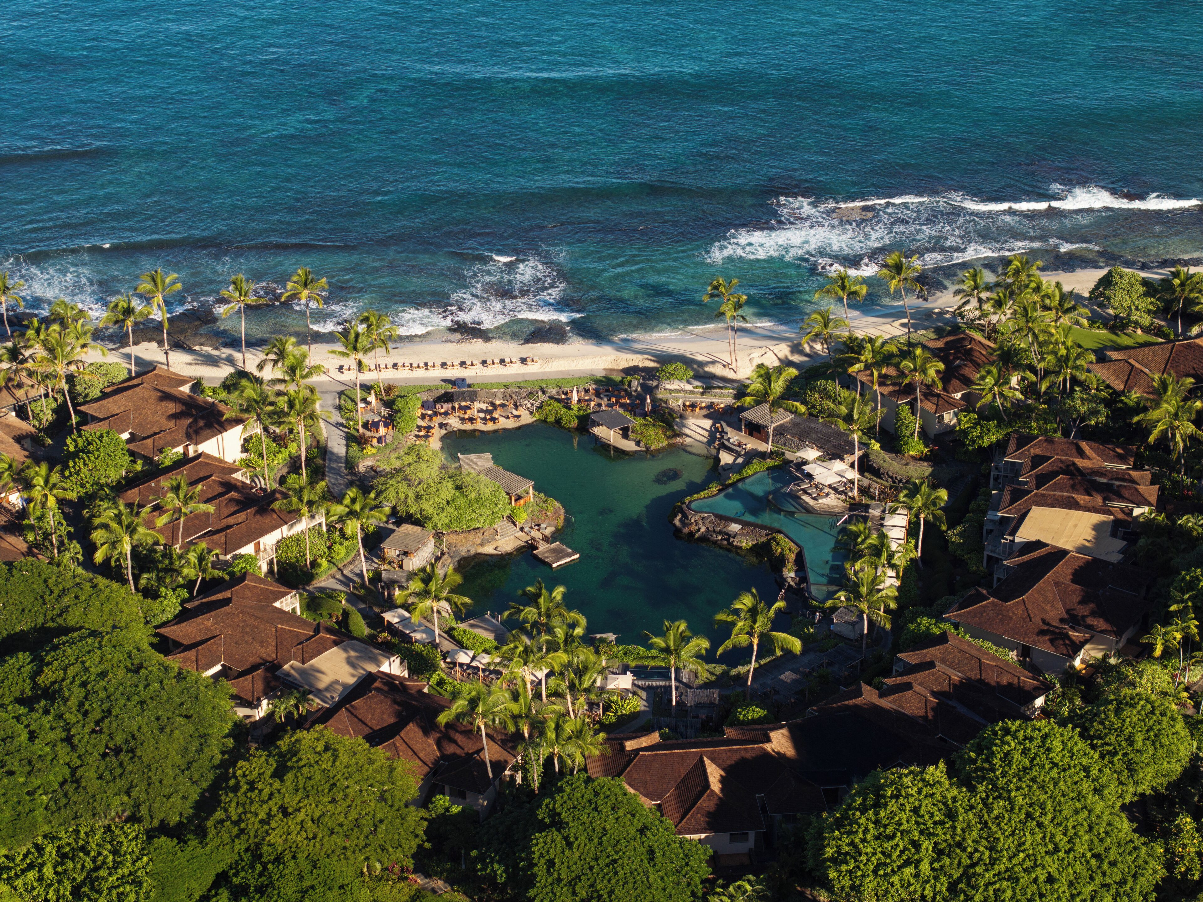 An aerial view of a coastal resort with a central pool, beachfront, and dense palm trees.