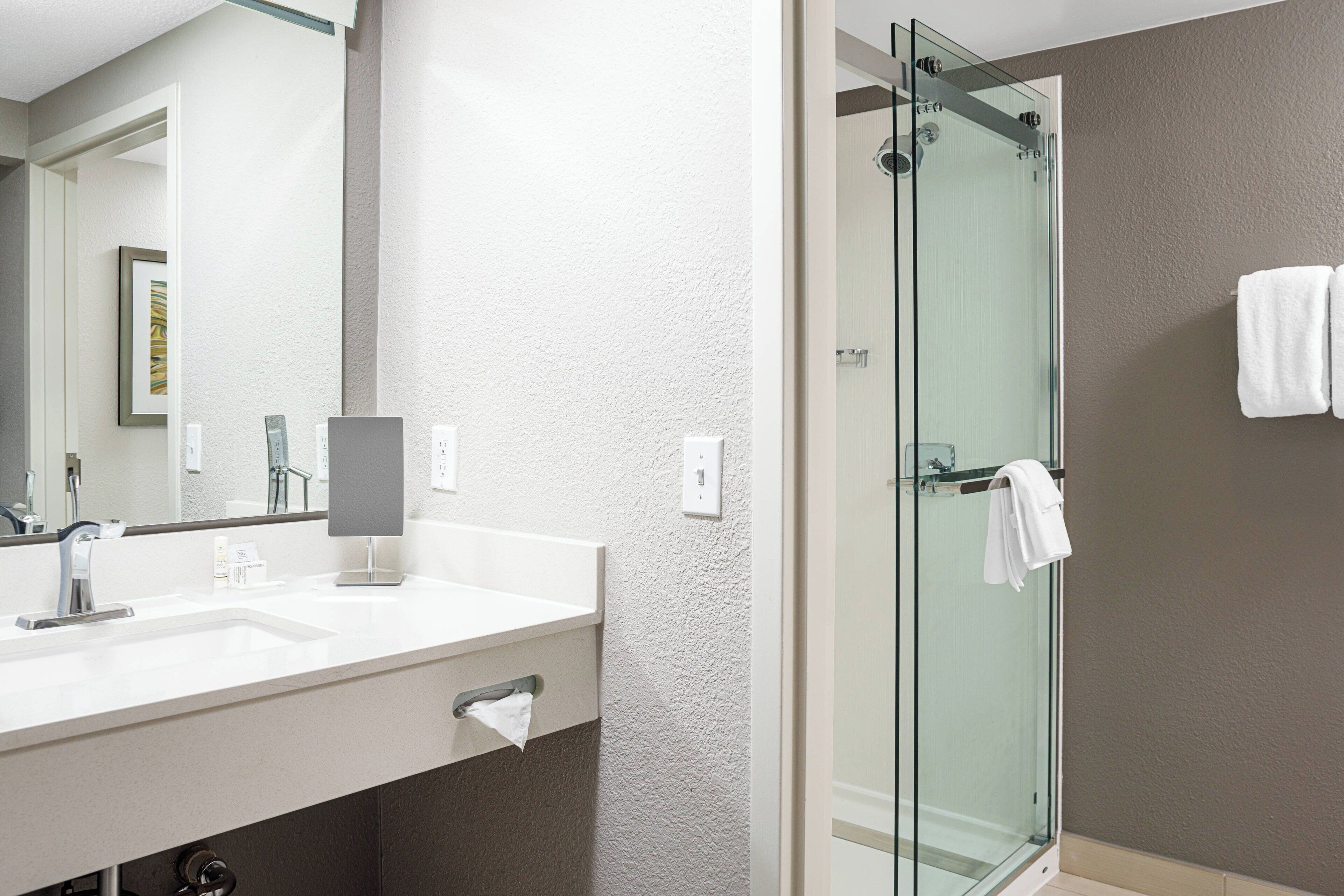 combined shower/bathtub, free toiletries, hair dryer, towels