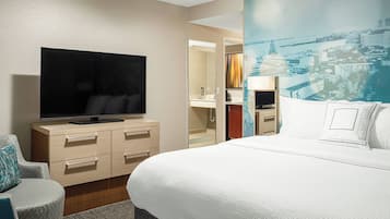 Premium bedding, desk, blackout drapes, iron/ironing board
