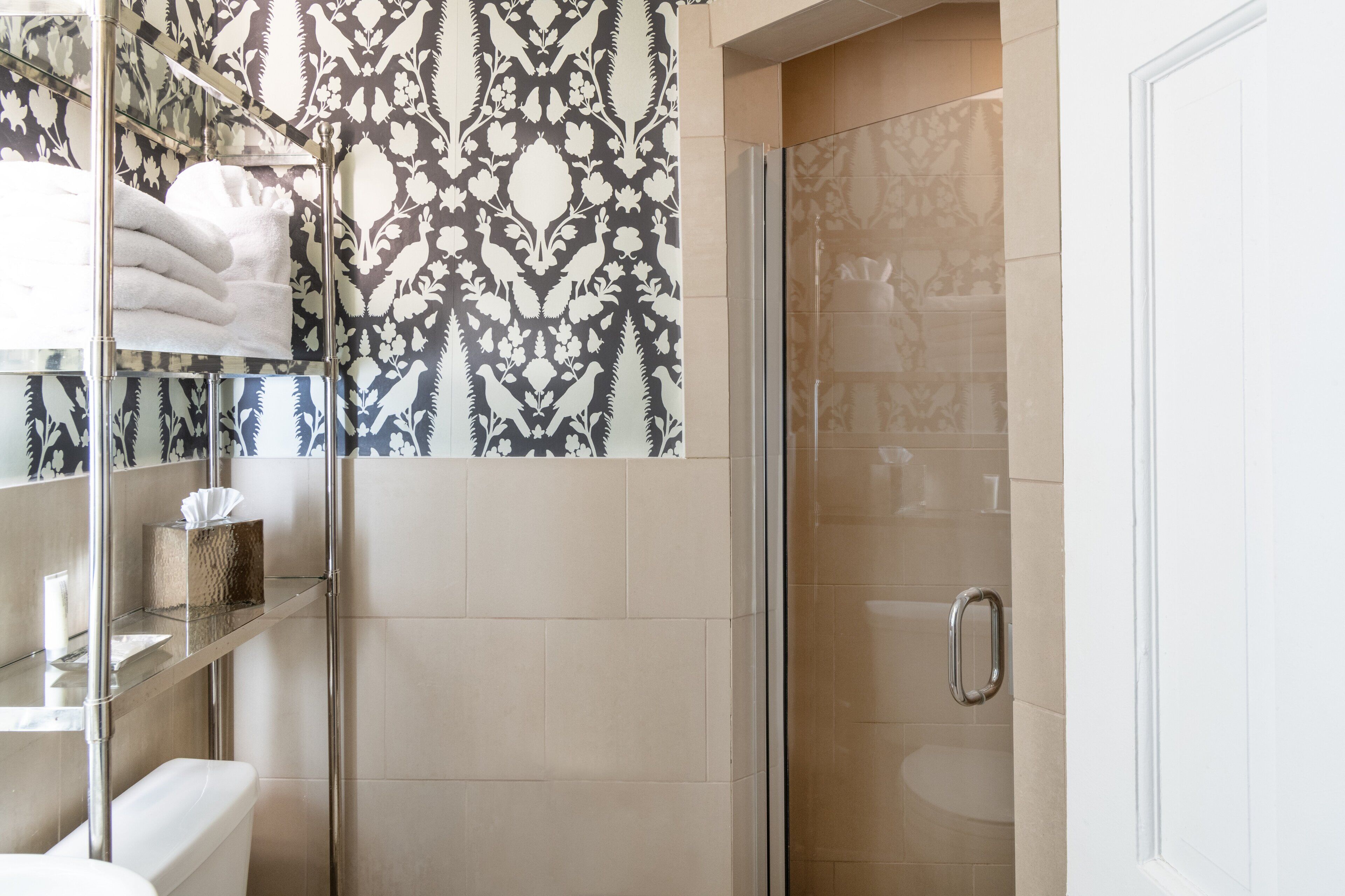 Un baño con cabina de ducha de vidrio, un perchero con toallas dobladas y una caja de pañuelos en un estante.