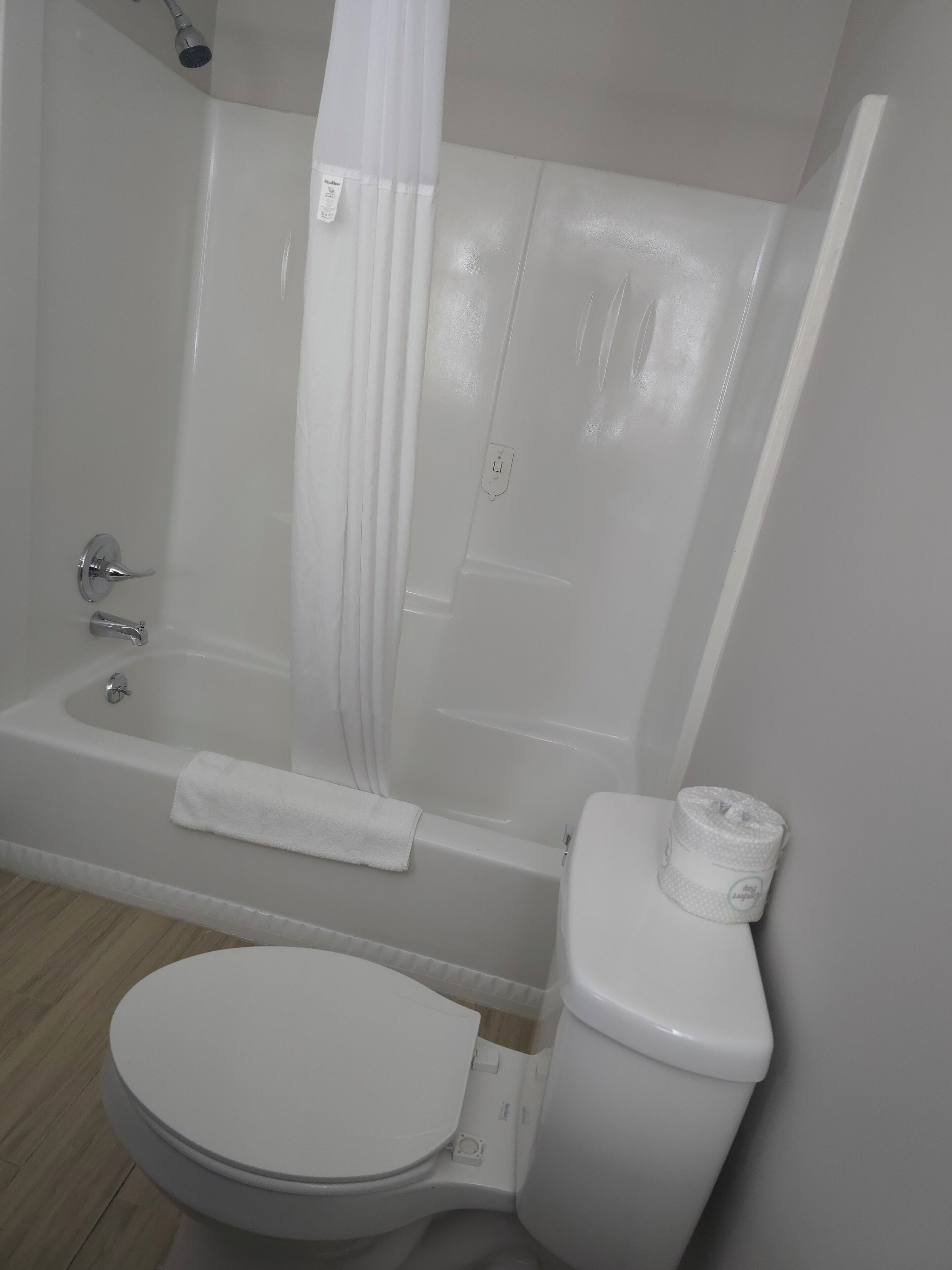 A bathroom with a bathtub, toilet, and a shower curtain.
